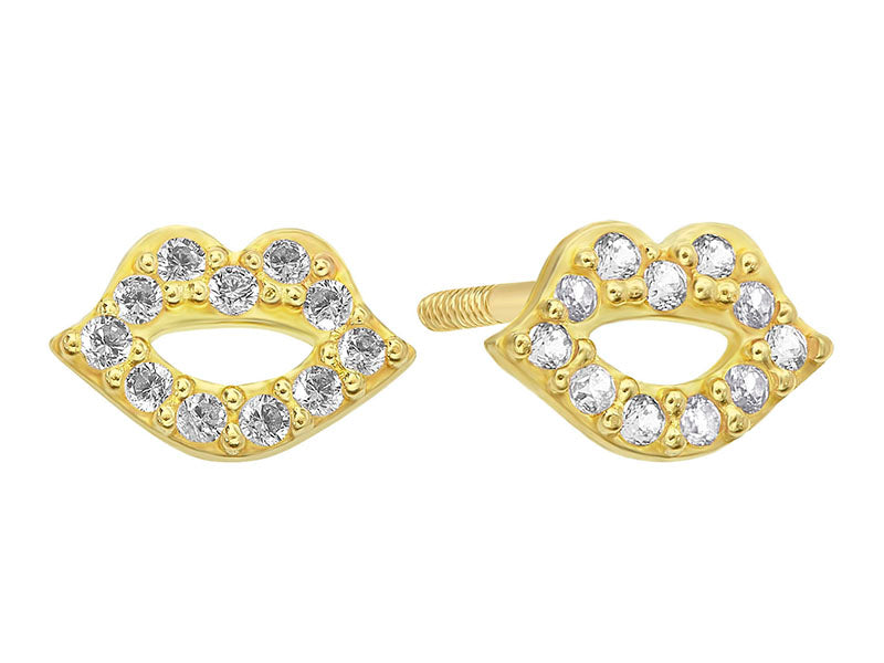 14K Yellow Gold Lip With CZ Screw Back Earrings