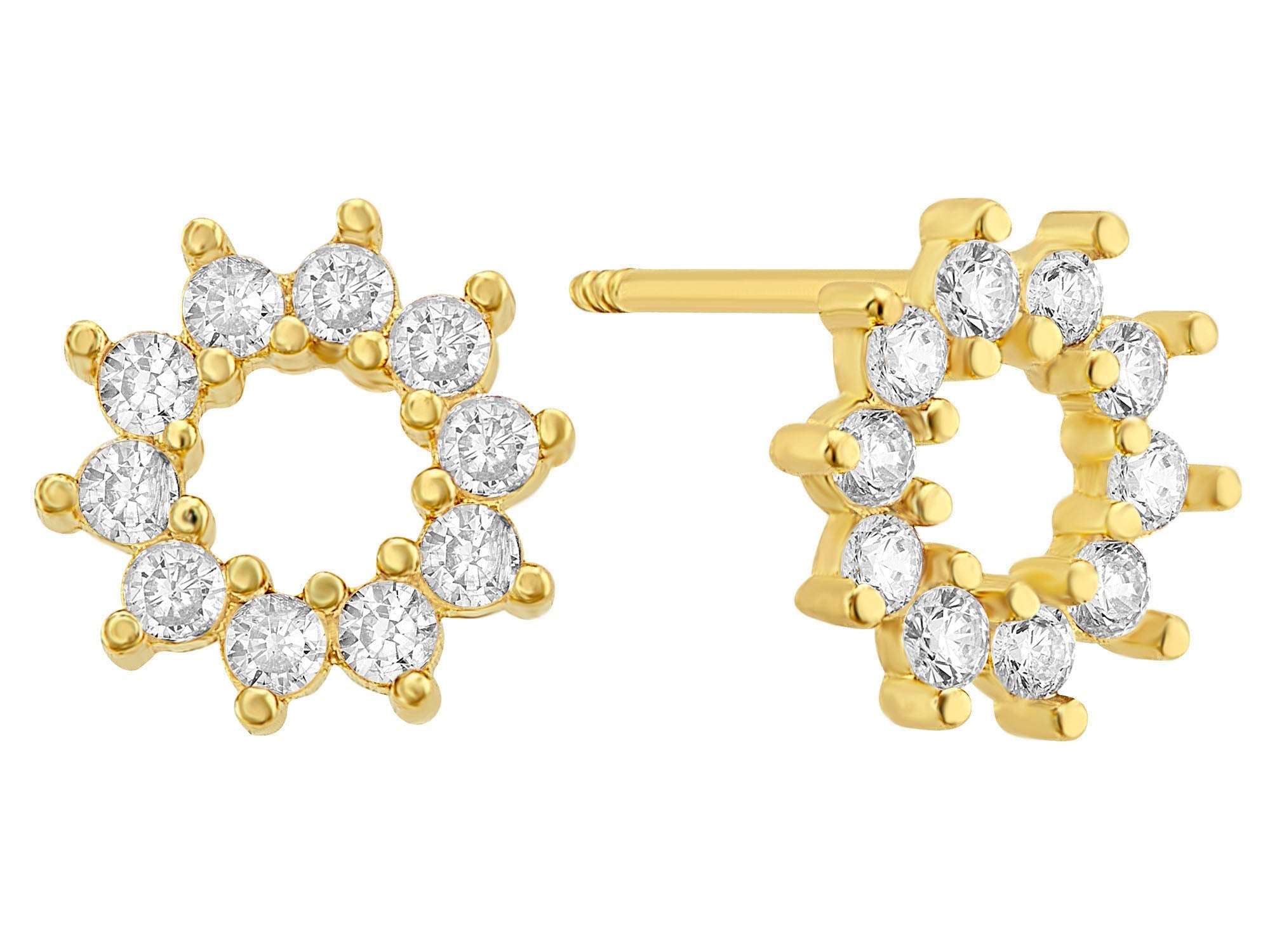 14K Yellow Gold Circle Pave Nails Clear CZ Screw Back Stud Earrings