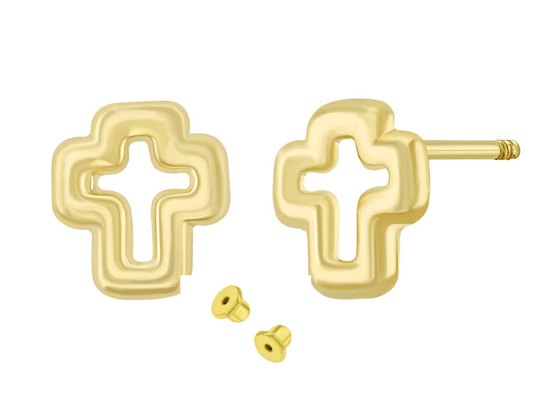 14K Yellow Gold Cross Stud With Screw Back Earrings