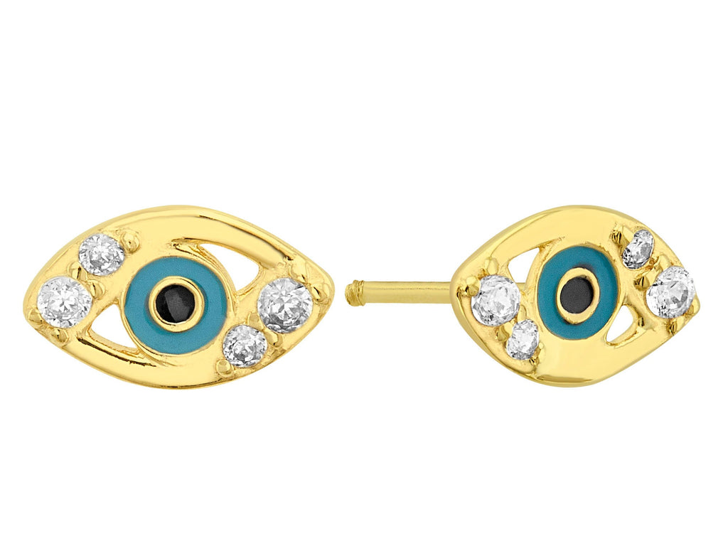 14K Yellow Gold Turkish eye with cz and enamel Screw Back Earrings