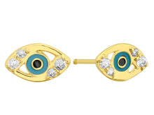 Load image into Gallery viewer, 14K Yellow Gold Turkish eye with cz and enamel Screw Back Earrings