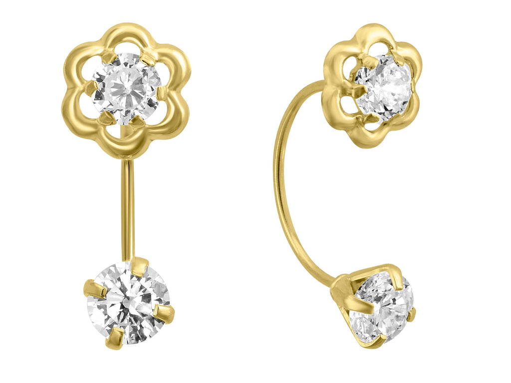 14K Yellow Gold Curved French Rosette Girl With Clear CZ front and Back Earrings