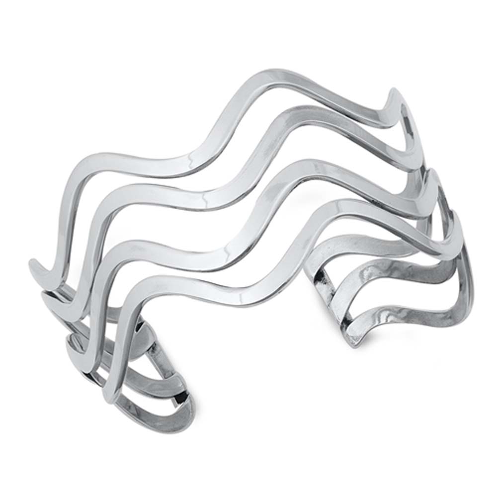 Sterling Silver Adjustable Waves Shaped Cuff Bangle BraceletAnd Width 35mm