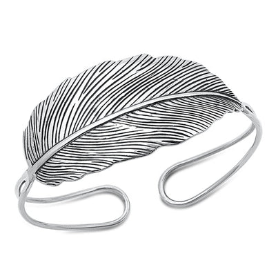 Sterling Silver Oxidized Feather Bangle Bracelet Width-24.6mm, Inside Diameter-45x60mm