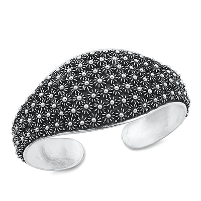 Sterling Silver Oxidized Thick Flowers Bangle Bracelet Width-28mm, Inside Diameter-45x55mm