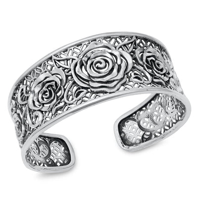 Sterling Silver Oxidized Rose Bangle Bracelet Thickness-25.3mm, Inside Diameter-55x58mm
