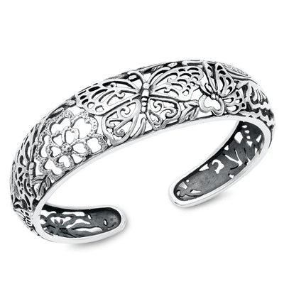 Sterling Silver Oxidized Butterfly Bangle Bracelet Thickness-17.6mm, Inside Diameter-48x56mm