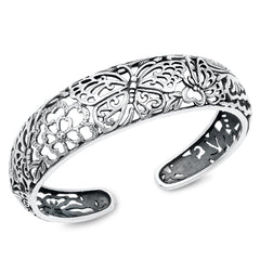 Sterling Silver Oxidized Butterfly Bangle Bracelet Thickness-17.6mm, Inside Diameter-48x56mm