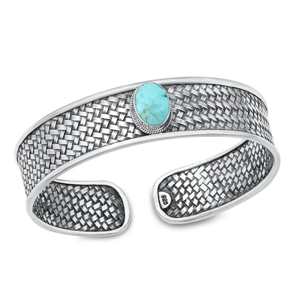 Sterling Silver Oxidized Oval Genuine Turquoise Bangle Bracelet Thickness-14mm, Inside Diameter-43x50mm