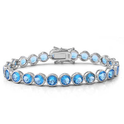Sterling Silver Classy Round Cut Blue Topaz Cz Bezel Set Tennis BraceletAnd Length of 7.5
