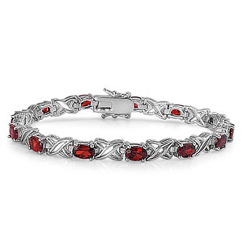 Sterling Silver Fancy Bracelet with Alternative Infinity Design and Oval Prong Set with Garnet CzAnd Length of 7.5