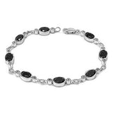 Sterling Silver Fancy Bracelet with Oval Cut Black Cz and Round Clear Cz on Both Side Bezel SetAnd Length of 7.5  Stone Size: 5MM