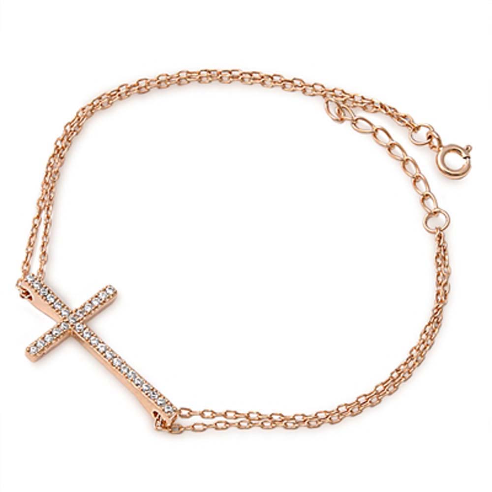 Sterling Silver Fancy Double Rose Gold Plated Bracelet with Cross Charm with Clear Cz InlaidAnd Length of 7 + 1  extension Charm Size: 28MM