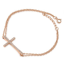 Load image into Gallery viewer, Sterling Silver Fancy Double Rose Gold Plated Bracelet with Cross Charm with Clear Cz InlaidAnd Length of 7 + 1  extension Charm Size: 28MM