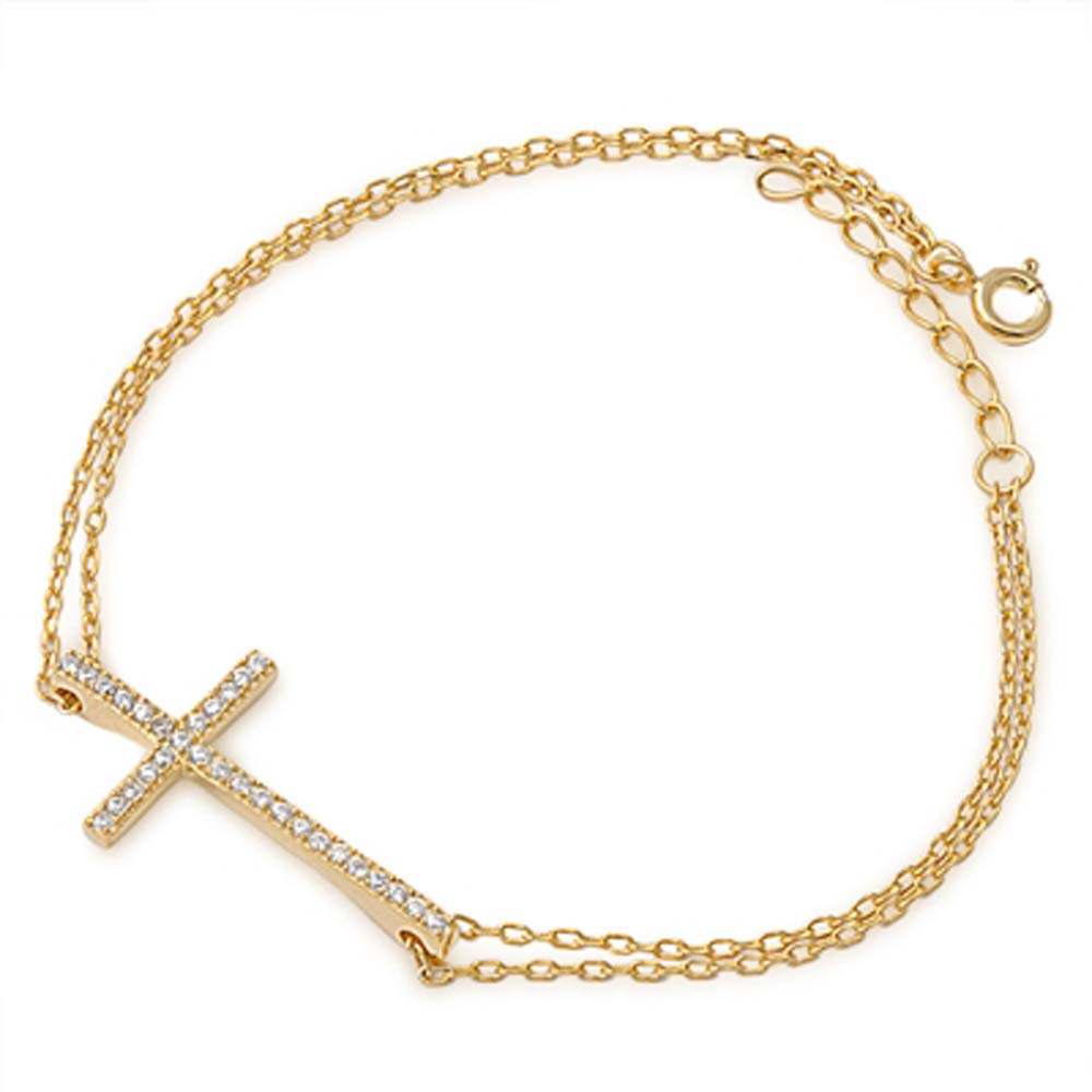 Sterling Silver Fancy Double Yellow Gold Plated Bracelet with Cross Charm with Clear Cz InlaidAnd Length of 7 + 1  extension Charm Size: 28MM