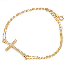 Load image into Gallery viewer, Sterling Silver Fancy Double Yellow Gold Plated Bracelet with Cross Charm with Clear Cz InlaidAnd Length of 7 + 1  extension Charm Size: 28MM