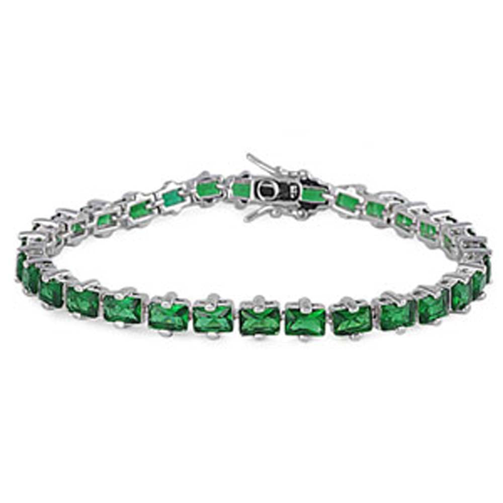 Sterling Silver Fancy Emerald Cut Emerald Cz Tennis BraceletAnd Length of 7.25
