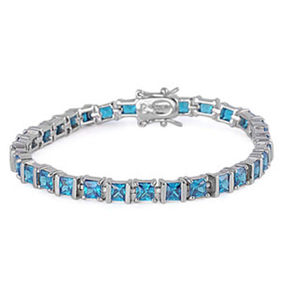 Sterling Silver Square Prong Set with Princess Cut Blue Topaz Cz Tennis BraceletAnd Length of 7.25