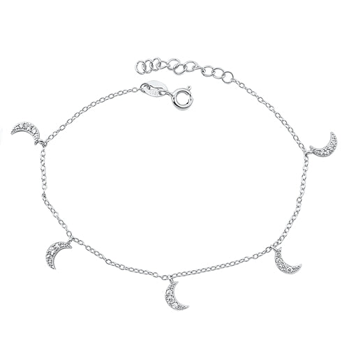 Sterling Silver Rhodium Plated Moons Clear CZ Bracelet-6.5 + 1 inch extension