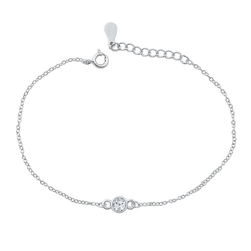 Sterling Silver Rhodium Plated Solitaire Clear CZ Bracelet-6.5 + 1 inch extension