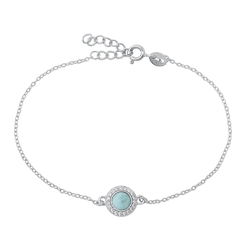 Sterling Silver Rhodium Plated Genuine Larimar and Clear CZ Bracelet-6.5+ 1 inch extension