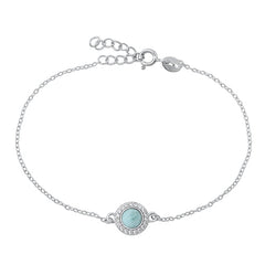 Sterling Silver Rhodium Plated Genuine Larimar and Clear CZ Bracelet-6.5+ 1 inch extension