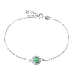 Sterling Silver Rhodium Plated Genuine Turquoise and Clear CZ Bracelet-6.5+ 1 inch extension
