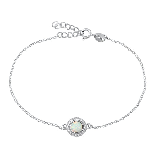 Sterling Silver Rhodium Plated White Lab Opal and Clear CZ Bracelet-6.5+ 1 inch extension