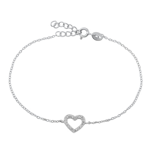 Sterling Silver Rhodium Plated Heart Clear CZ Bracelet-6.5 + 1 inch extension