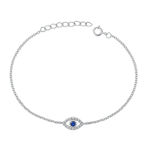 Sterling Silver Rhodium Plated Eye Blue and Clear CZ Assorted Bracelet, 6.5" +1" Extension
