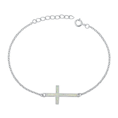 Sterling Silver Rhodium Plated White Lab Opal Cross Assorted Bracelet