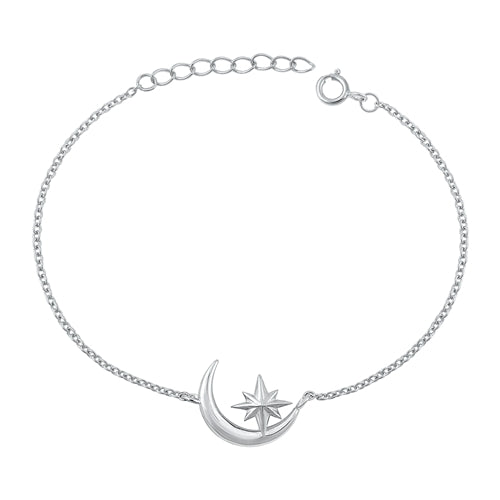 Sterling Silver Rhodium Plated Moon and Star CZ Bracelet-6.5 + 1 inch extension