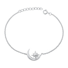 Load image into Gallery viewer, Sterling Silver Rhodium Plated Moon and Star CZ Bracelet-6.5 + 1 inch extension