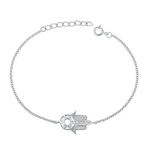 Sterling Silver Rhodium Plated Hamsa and Star of David Clear CZ Bracelet-6.5 + 1 inch extension