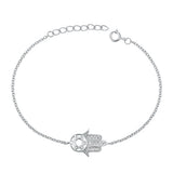 Sterling Silver Rhodium Plated Hamsa and Star of David Clear CZ Bracelet-6.5 + 1 inch extension