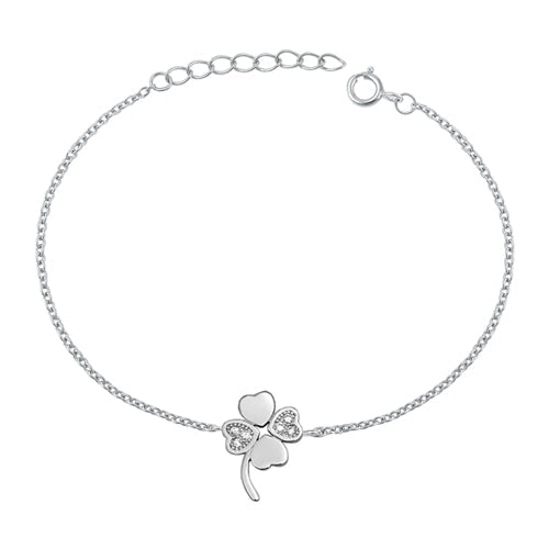 Sterling Silver Rhodium Plated Clover Clear CZ Bracelet-6.5 + 1 inch extension