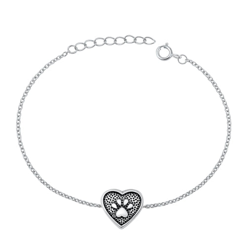 Sterling Silver Rhodium Plated Oxidized Paw Print and Heart Bracelet-6.5 + 1 inch extension