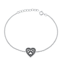 Load image into Gallery viewer, Sterling Silver Rhodium Plated Oxidized Paw Print and Heart Bracelet-6.5 + 1 inch extension