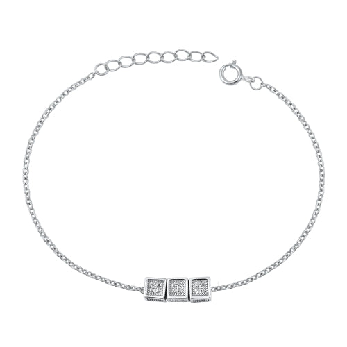 Sterling Silver Rhodium Plated Dice Clear CZ Bracelet-6.5 + 1 inch extension