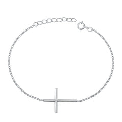 Sterling Silver Rhodium Plated Cross Bracelet-6.5 + 1 inch extension