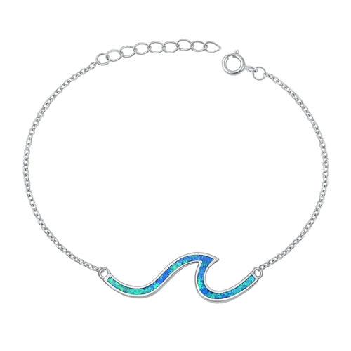 Sterling Silver Rhodium Plated Waves Blue Lab Opal Bracelet-7+ 1 inch extension