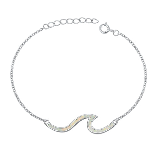 Sterling Silver Rhodium Plated Waves White Lab Opal Bracelet-7+ 1 inch extension