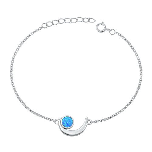 Sterling Silver Rhodium Plated Crescent Moon Blue Lab Opal Bracelet-7+ 1 inch extension