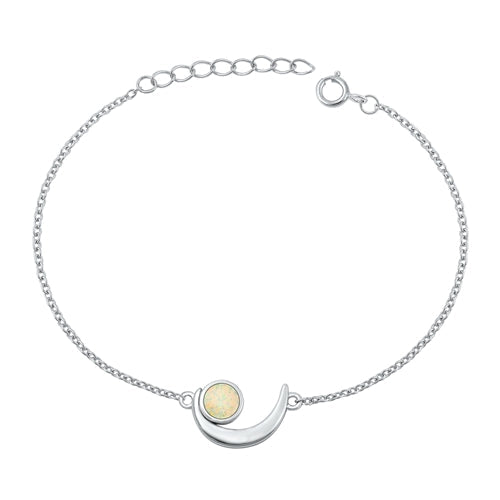 Sterling Silver Rhodium Plated Crescent Moon White Lab Opal Bracelet-7+ 1 inch extension