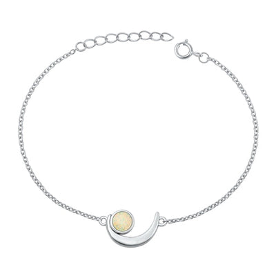Sterling Silver Rhodium Plated Crescent Moon White Lab Opal Bracelet-7+ 1 inch extension