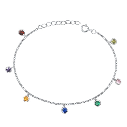 Sterling Silver Rhodium Plated Multi Colored CZs Bracelet-6.5 + 1 inch extension