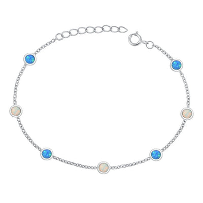 Sterling Silver Rhodium Plated Rounds Blue And White Lab Opal Bracelet Length-6.5+1inch, Charm Height-3.8mm