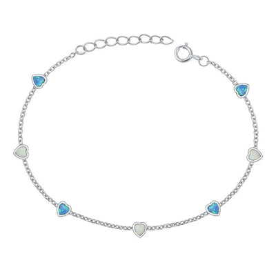 Sterling Silver Rhodium Plated Hearts Blue And White Lab Opal Bracelet Length-6.5+1inch