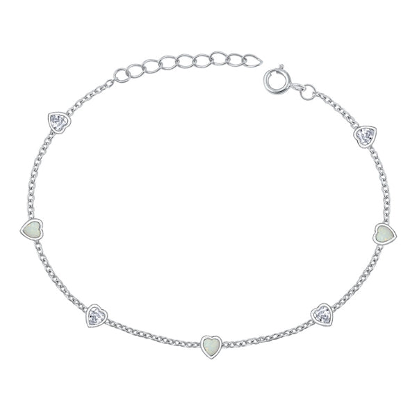 Sterling Silver Rhodium Plated Hearts Clear CZ And White Lab Opal Bracelet Length-6.5+1inch