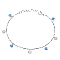 Sterling Silver Rhodium Plated Round Blue And White Lab Opal Bracelet Length-6.5+1inch, Charm Height-4mm